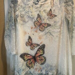 Women's Long Sleeve Butterfly Knit Top - White with Orange Accents
